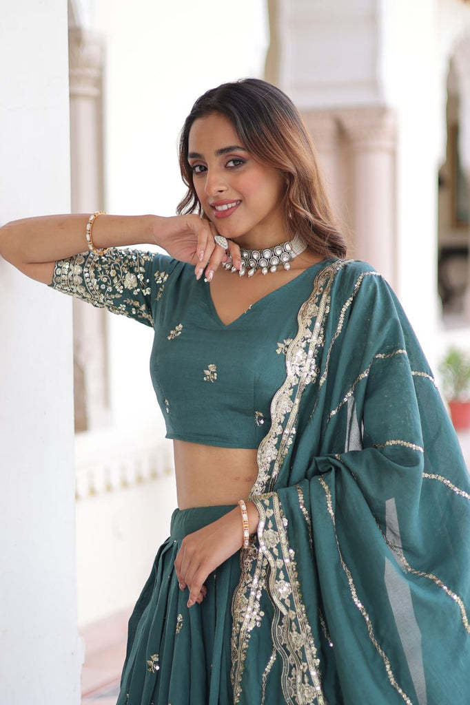 Teal Colour Premium Vichitra Silk Sequins & Zari Multi-Embroidered Lehenga Choli Set ClothsVilla