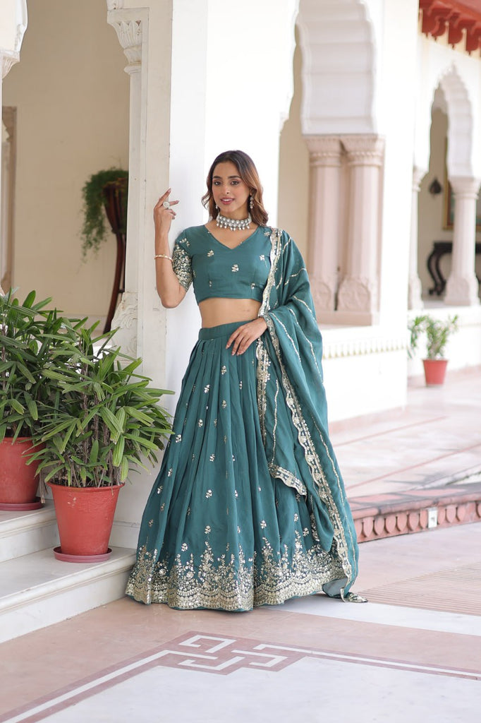 Teal Colour Premium Vichitra Silk Sequins & Zari Multi-Embroidered Lehenga Choli Set ClothsVilla