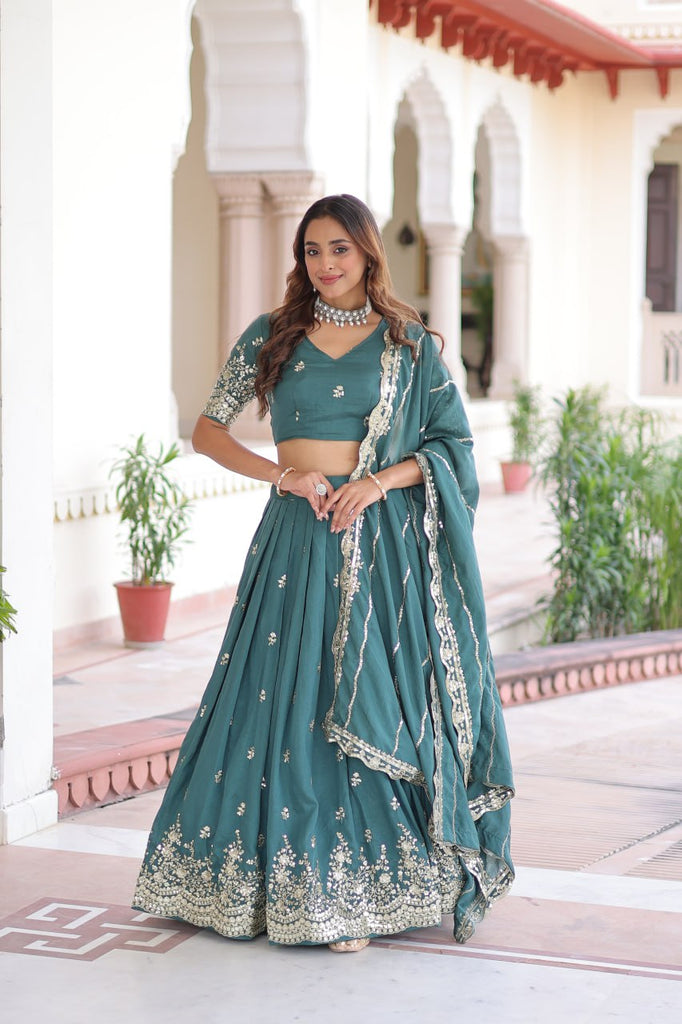 Teal Colour Premium Vichitra Silk Sequins & Zari Multi-Embroidered Lehenga Choli Set ClothsVilla
