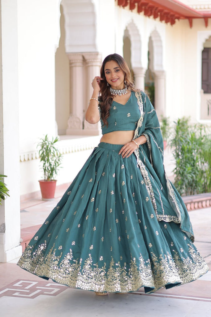 Teal Colour Premium Vichitra Silk Sequins & Zari Multi-Embroidered Lehenga Choli Set ClothsVilla