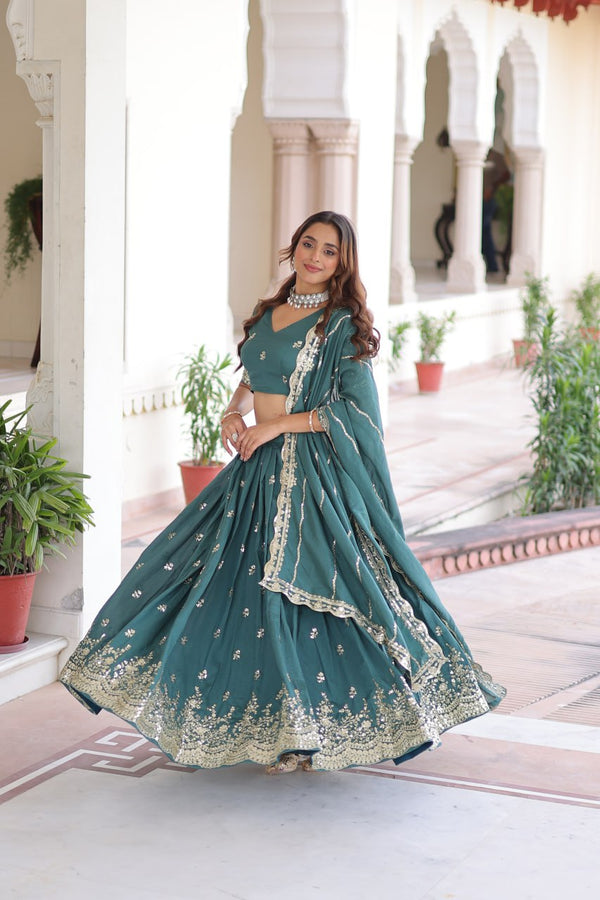Teal Colour Premium Vichitra Silk Sequins & Zari Multi-Embroidered Lehenga Choli Set ClothsVilla