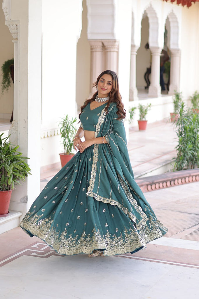 Teal Colour Premium Vichitra Silk Sequins & Zari Multi-Embroidered Lehenga Choli Set ClothsVilla