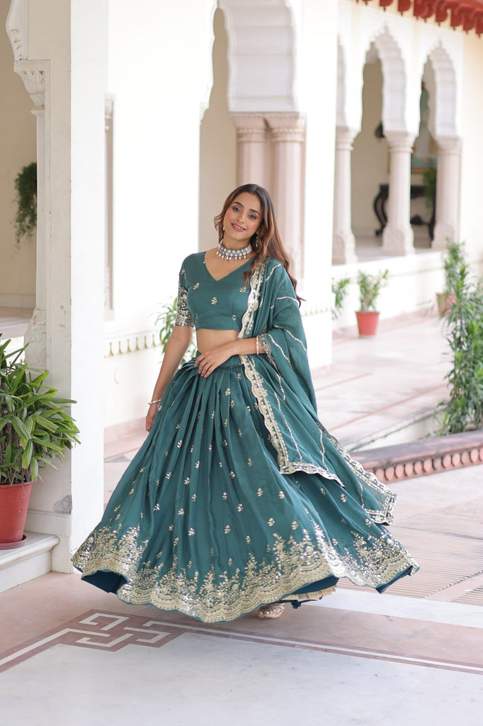 Teal Colour Premium Vichitra Silk Sequins & Zari Multi-Embroidered Lehenga Choli Set ClothsVilla