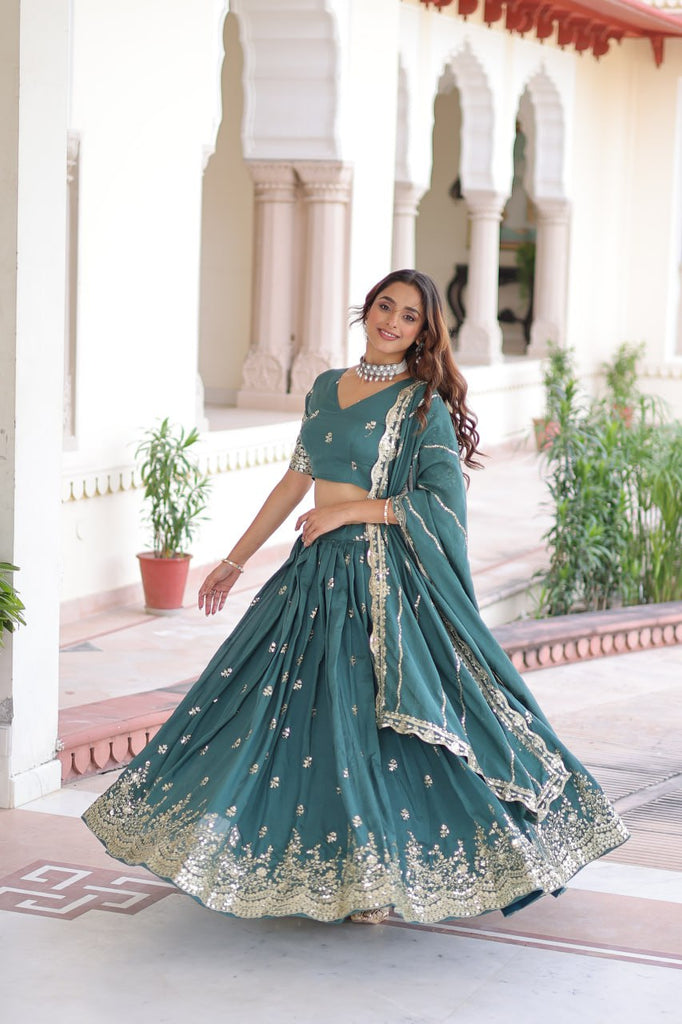 Teal Colour Premium Vichitra Silk Sequins & Zari Multi-Embroidered Lehenga Choli Set ClothsVilla