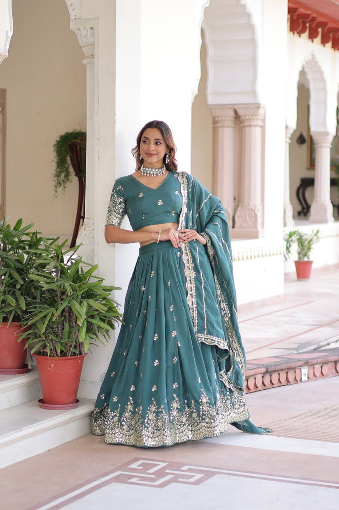 Teal Colour Premium Vichitra Silk Sequins & Zari Multi-Embroidered Lehenga Choli Set ClothsVilla
