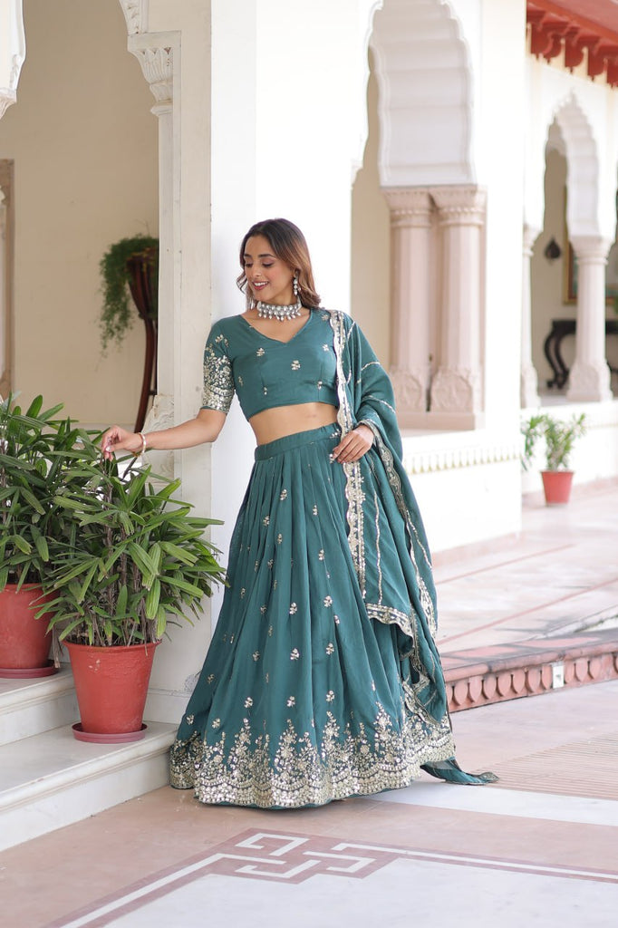Teal Colour Premium Vichitra Silk Sequins & Zari Multi-Embroidered Lehenga Choli Set ClothsVilla