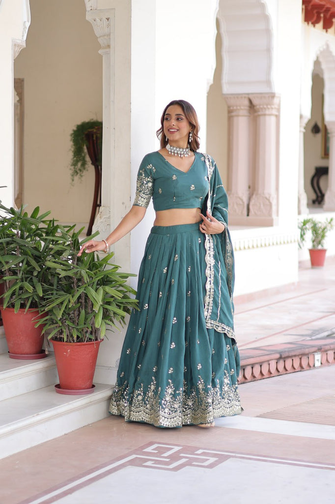 Teal Colour Premium Vichitra Silk Sequins & Zari Multi-Embroidered Lehenga Choli Set ClothsVilla