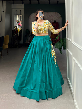 Teal Cotton Lehenga Co-Ord Set with Shibori Print Blouse ClothsVilla