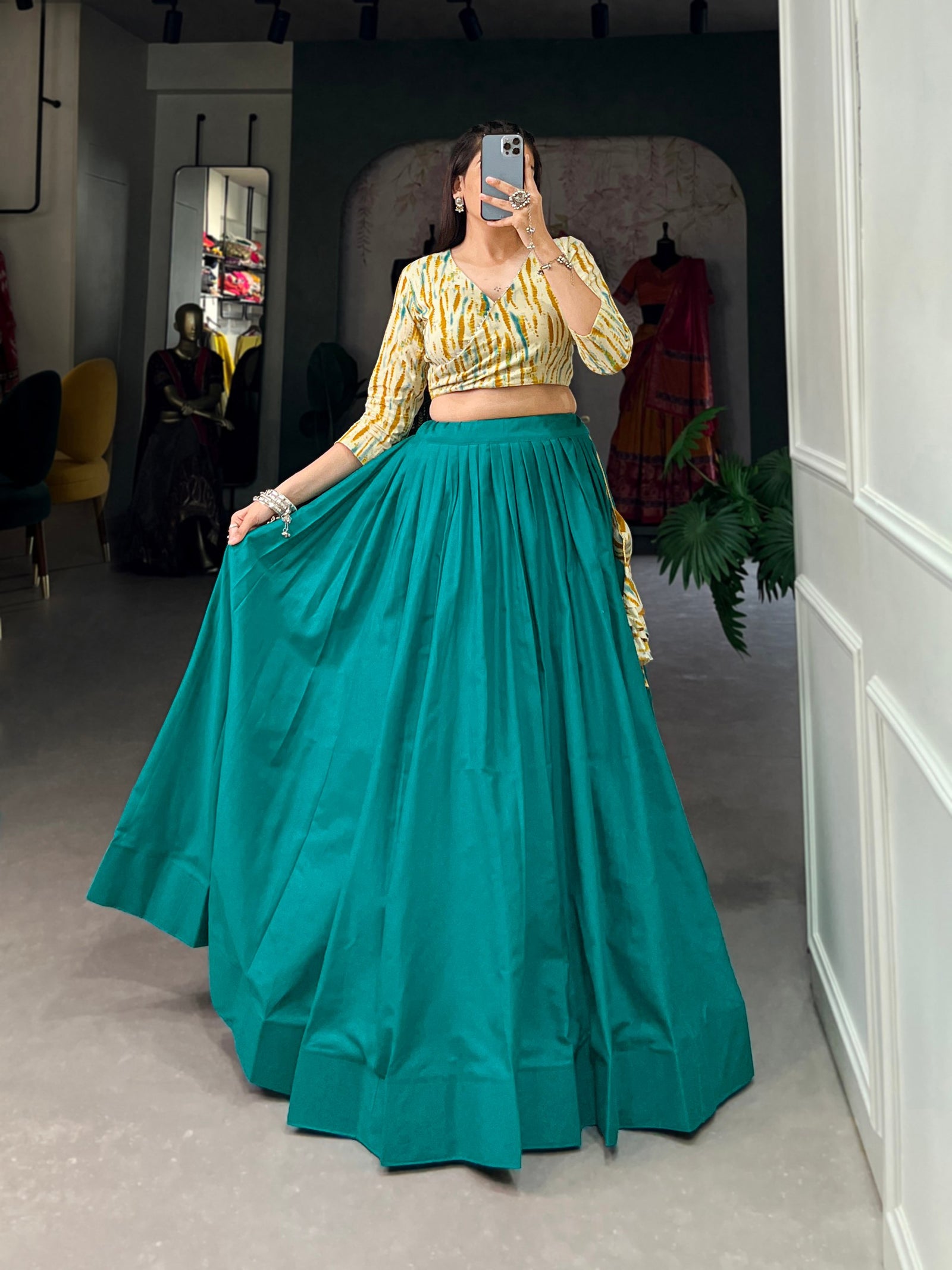 Teal Cotton Lehenga Co-Ord Set with Shibori Print Blouse ClothsVilla