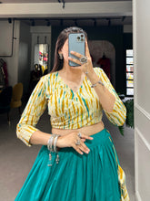 Load image into Gallery viewer, Teal Cotton Lehenga Co-Ord Set with Shibori Print Blouse ClothsVilla