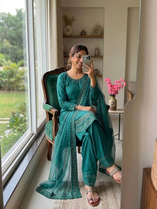 Teal Crepe Farshi Palazzo Suit ClothsVilla