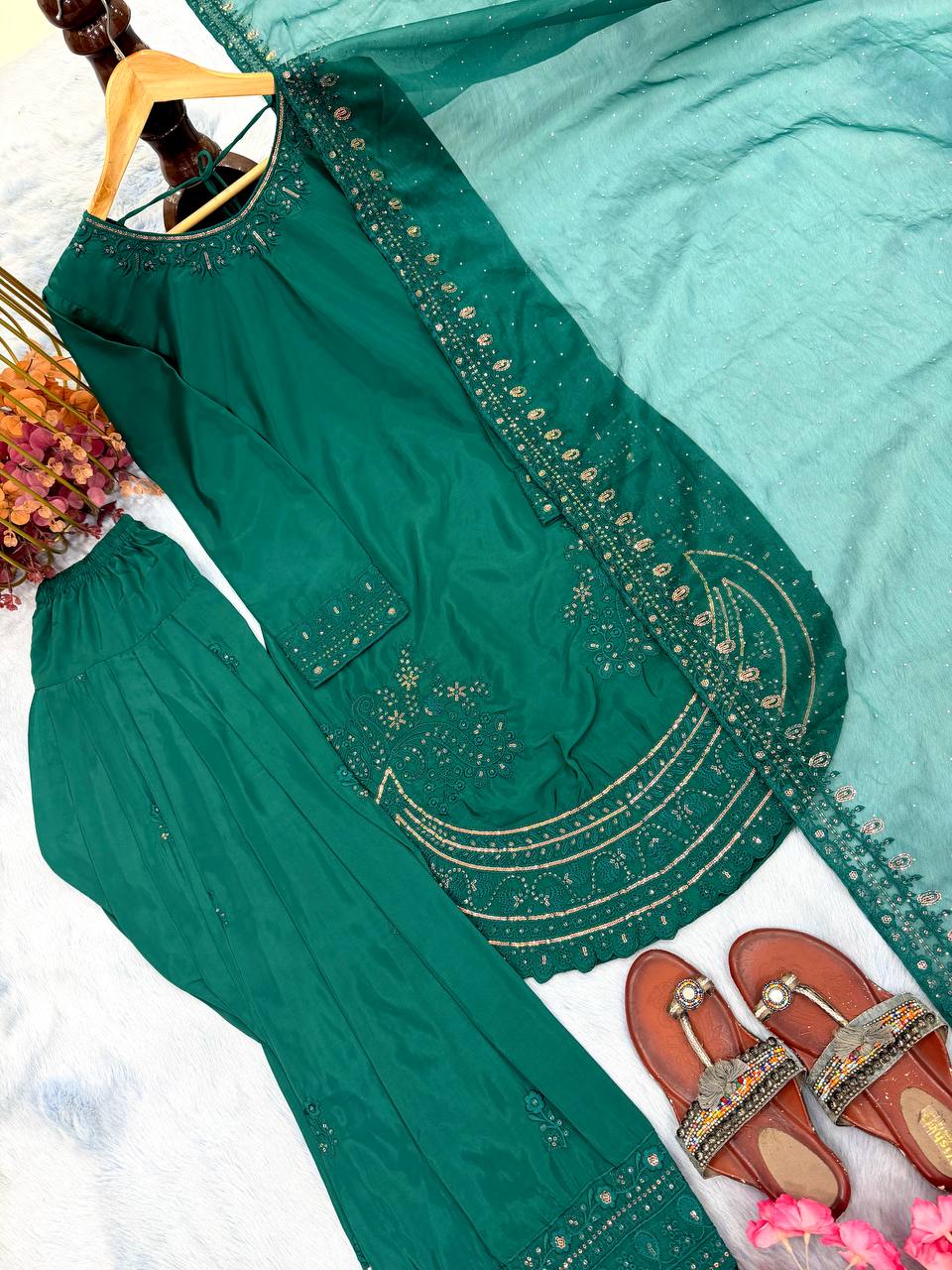 Teal Crepe Farshi Palazzo Suit ClothsVilla