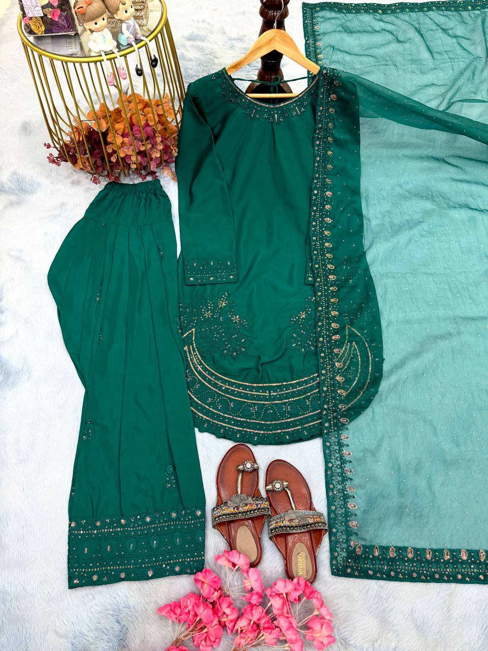 Teal Crepe Farshi Palazzo Suit ClothsVilla