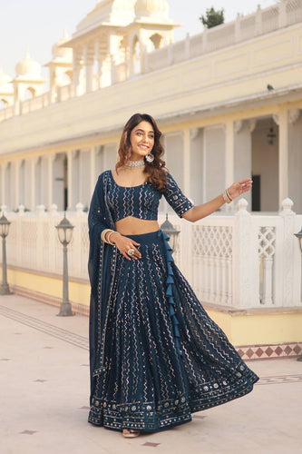 Teal Dazzling Faux Blooming Lehenga Choli with Sequins & Thread Embroidery ClothsVilla