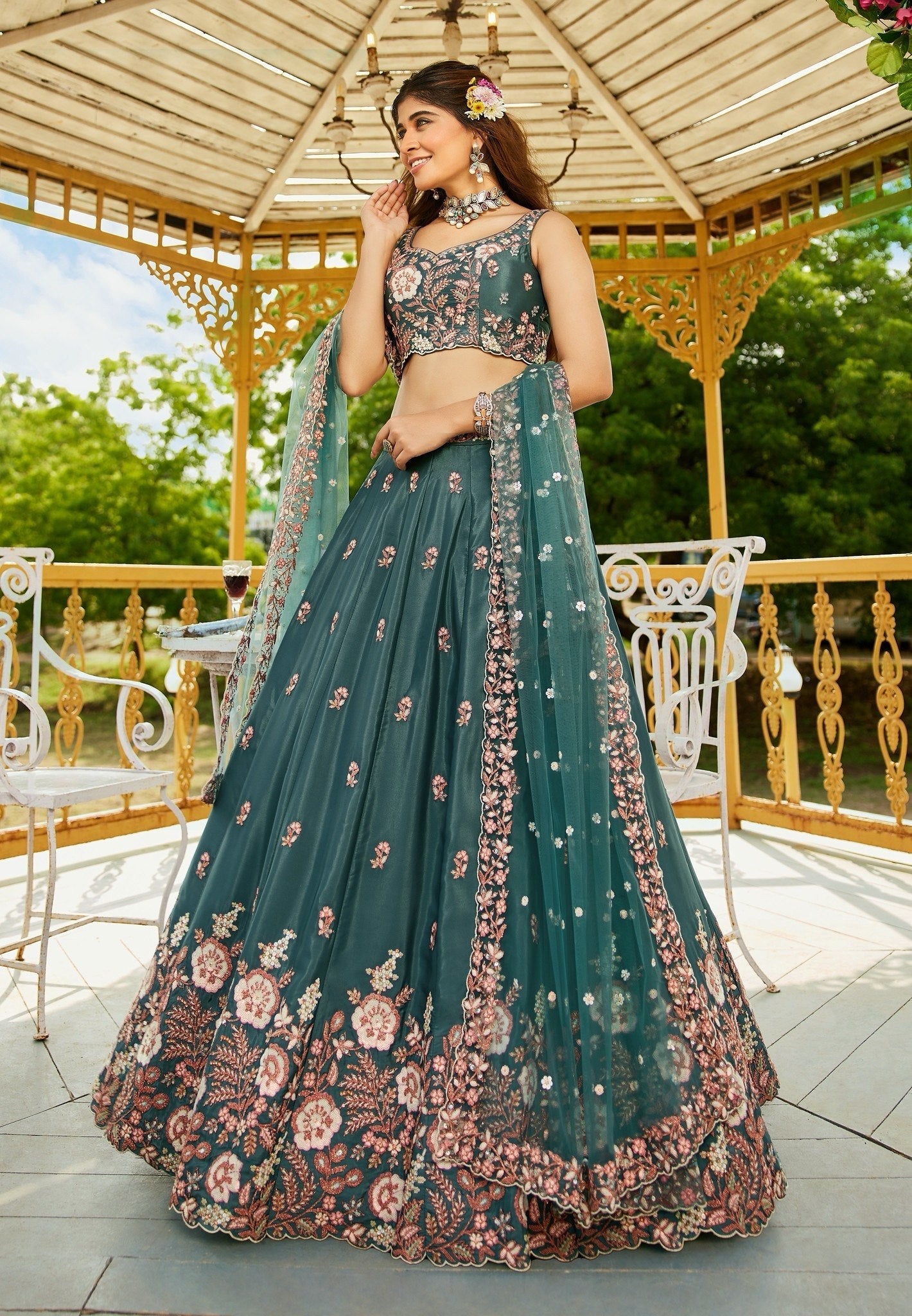 Teal Designer Crepe Lehenga Choli ClothsVilla