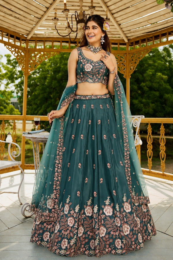 Teal Designer Crepe Lehenga Choli ClothsVilla