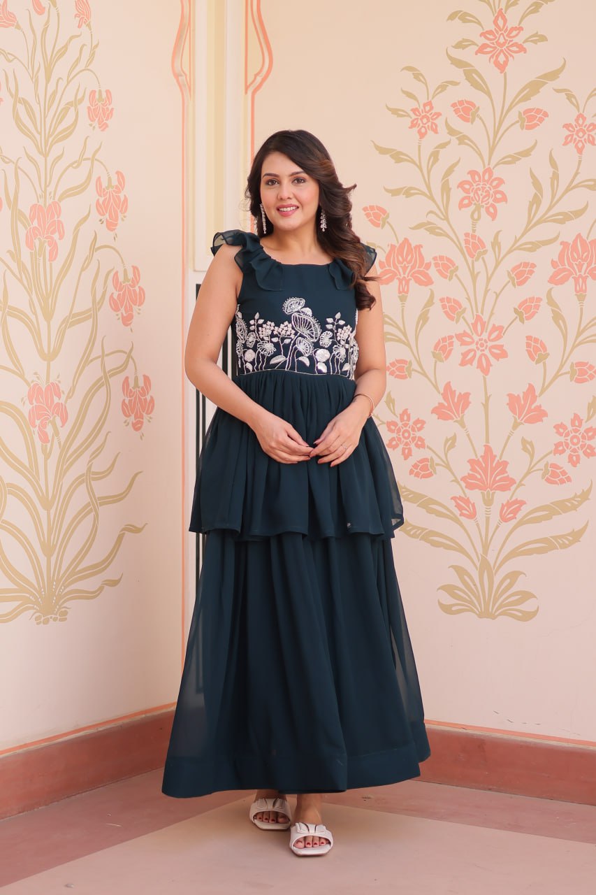 Teal Designer Faux Blooming Embroidered Gown with Bead Work & Canvas Patta Clothsvilla