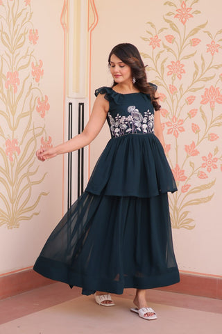 Teal Designer Faux Blooming Embroidered Gown with Bead Work & Canvas Patta Clothsvilla