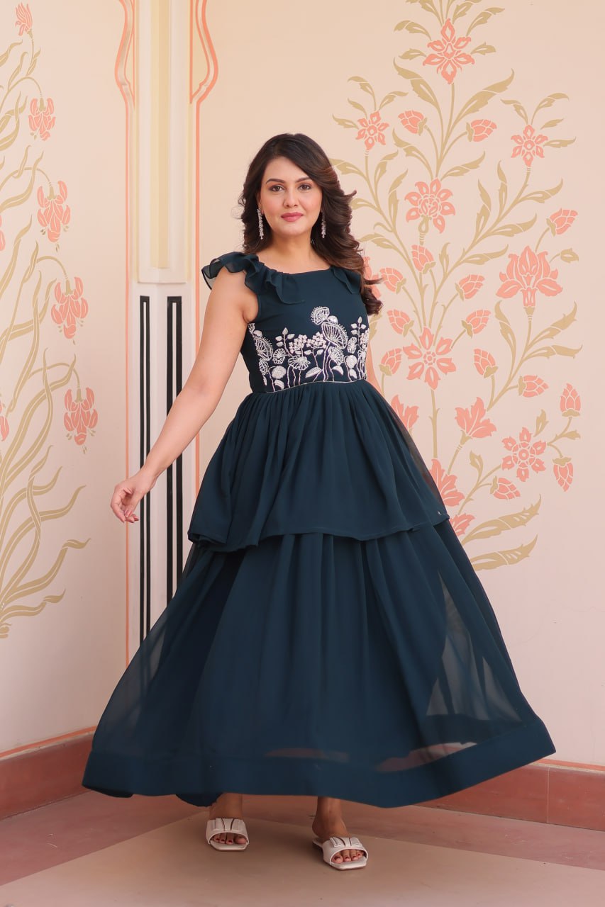 Teal Designer Faux Blooming Embroidered Gown with Bead Work & Canvas Patta Clothsvilla