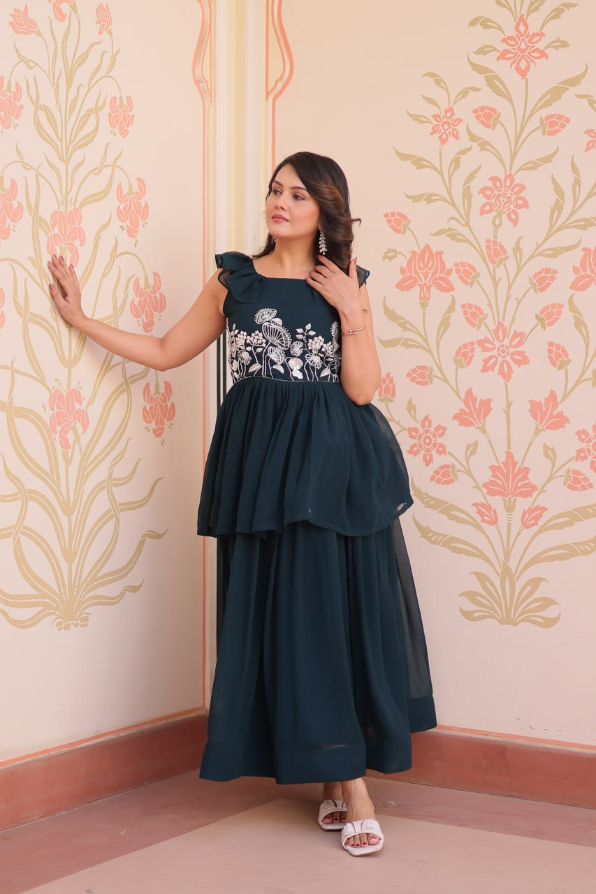 Teal Designer Faux Blooming Embroidered Gown with Bead Work & Canvas Patta Clothsvilla