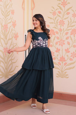 Teal Designer Faux Blooming Embroidered Gown with Bead Work & Canvas Patta Clothsvilla