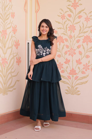 Teal Designer Faux Blooming Embroidered Gown with Bead Work & Canvas Patta Clothsvilla