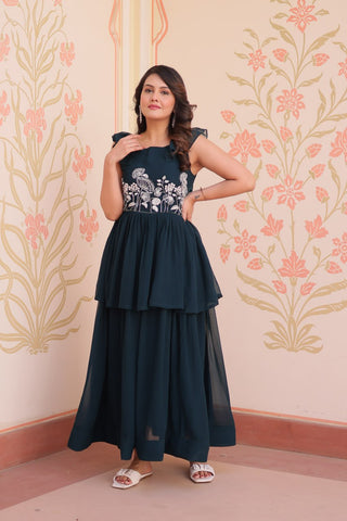 Teal Designer Faux Blooming Embroidered Gown with Bead Work & Canvas Patta Clothsvilla