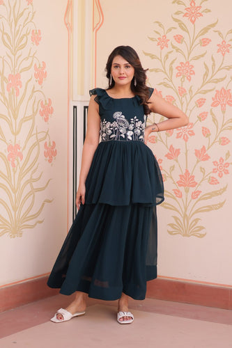 Teal Designer Faux Blooming Embroidered Gown with Bead Work & Canvas Patta Clothsvilla