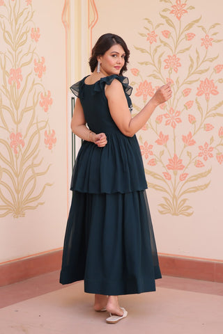Teal Designer Faux Blooming Embroidered Gown with Bead Work & Canvas Patta Clothsvilla