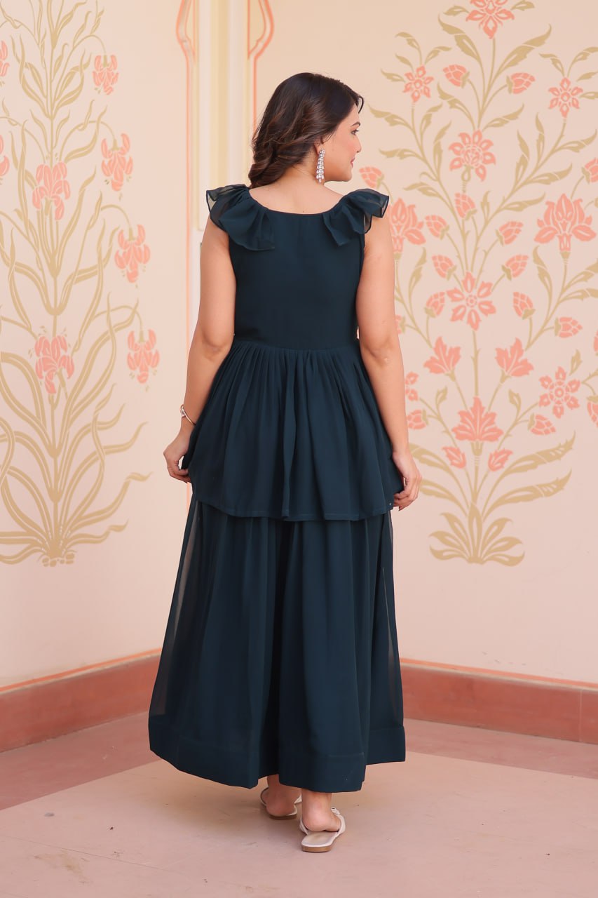 Teal Designer Faux Blooming Embroidered Gown with Bead Work & Canvas Patta Clothsvilla