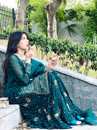 Teal Designer Faux Georgette Embroidered Top Plazzo Dupatta Set with Sequins & Lace Detailing ClothsVilla