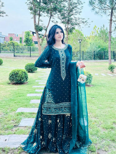 Teal Designer Faux Georgette Embroidered Top Plazzo Dupatta Set with Sequins & Lace Detailing ClothsVilla