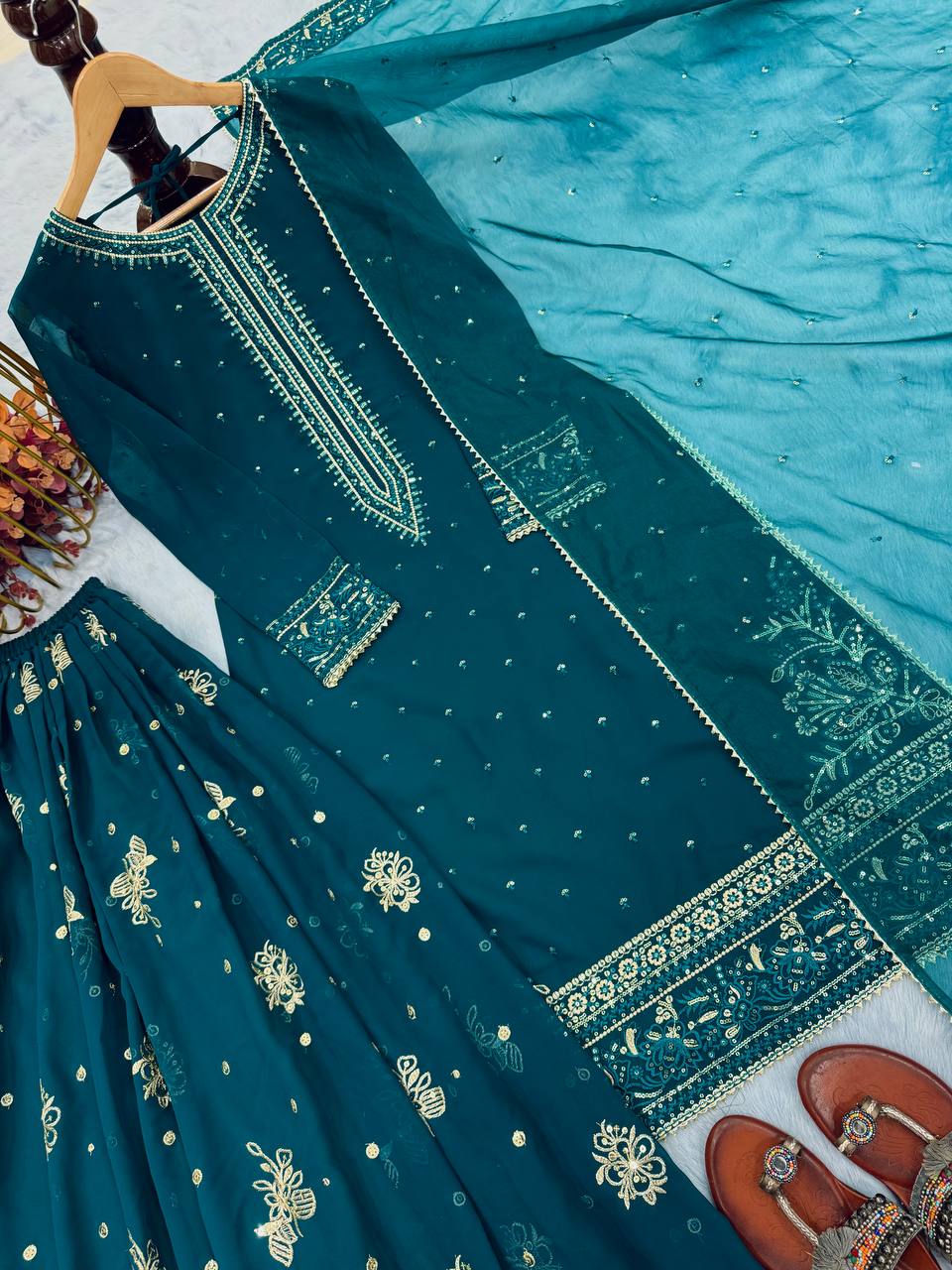 Teal Designer Faux Georgette Embroidered Top Plazzo Dupatta Set with Sequins & Lace Detailing ClothsVilla
