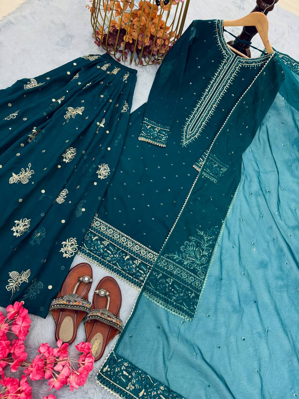 Teal Designer Faux Georgette Embroidered Top Plazzo Dupatta Set with Sequins & Lace Detailing ClothsVilla