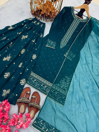 Teal Designer Faux Georgette Embroidered Top Plazzo Dupatta Set with Sequins & Lace Detailing ClothsVilla