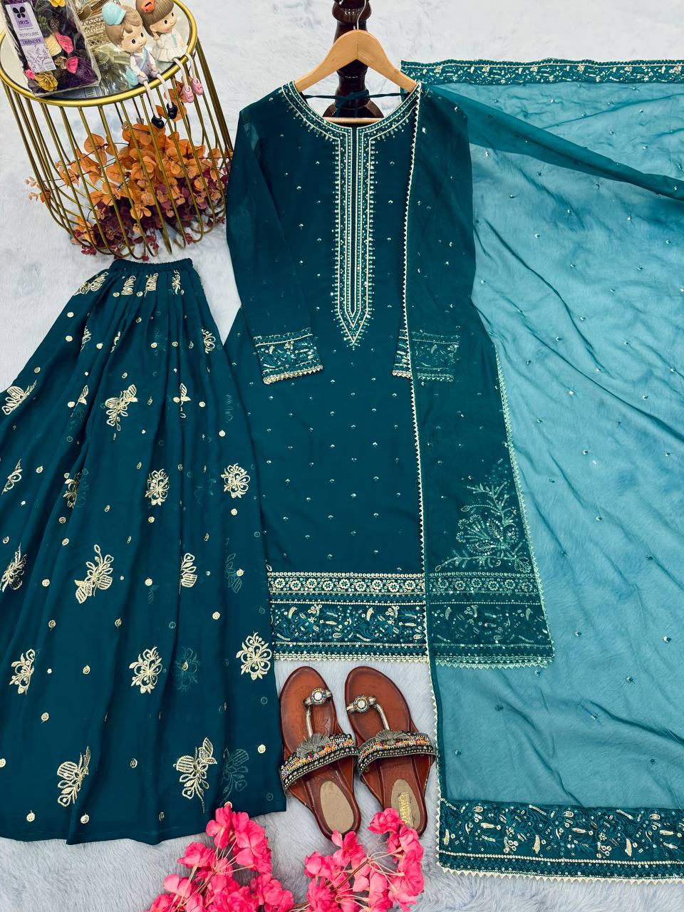 Teal Designer Faux Georgette Embroidered Top Plazzo Dupatta Set with Sequins & Lace Detailing ClothsVilla