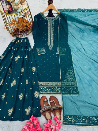 Teal Designer Faux Georgette Embroidered Top Plazzo Dupatta Set with Sequins & Lace Detailing ClothsVilla