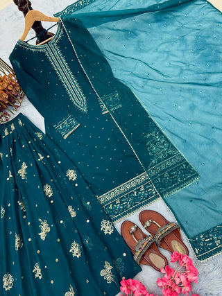 Teal Designer Faux Georgette Embroidered Top Plazzo Dupatta Set with Sequins & Lace Detailing ClothsVilla