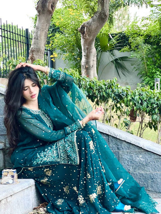 Teal Designer Faux Georgette Embroidered Top Plazzo Dupatta Set with Sequins & Lace Detailing ClothsVilla