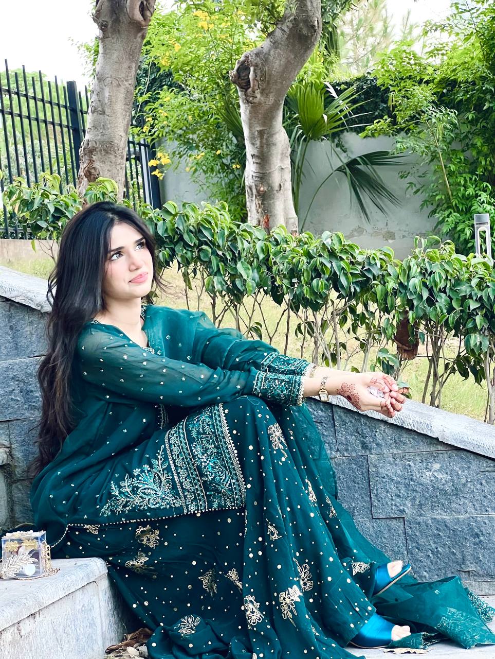 Teal Designer Faux Georgette Embroidered Top Plazzo Dupatta Set with Sequins & Lace Detailing ClothsVilla