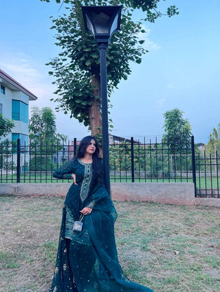 Teal Designer Faux Georgette Embroidered Top Plazzo Dupatta Set with Sequins & Lace Detailing ClothsVilla