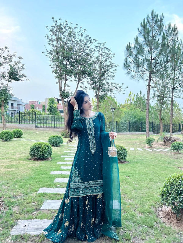 Teal Designer Faux Georgette Embroidered Top Plazzo Dupatta Set with Sequins & Lace Detailing ClothsVilla