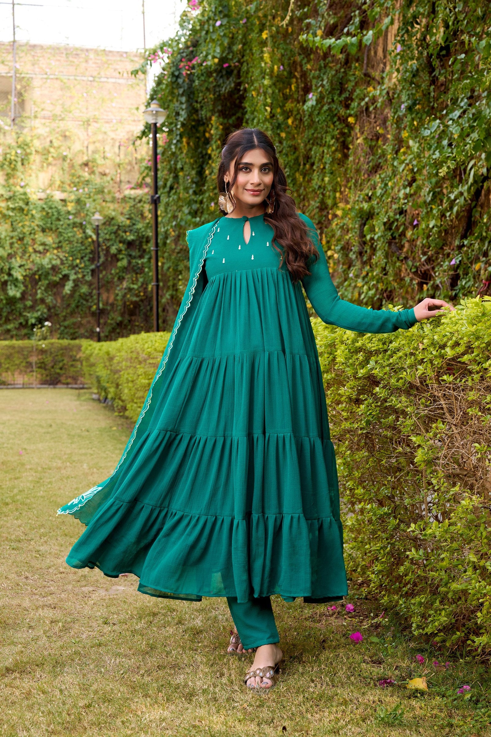 Teal Designer Marble Foil Work Flared Dress Set ClothsVilla