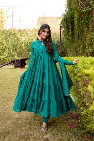 Teal Designer Marble Foil Work Flared Dress Set ClothsVilla