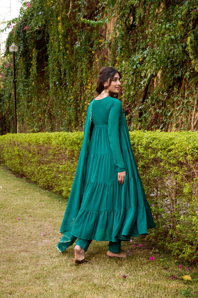 Teal Designer Marble Foil Work Flared Dress Set ClothsVilla