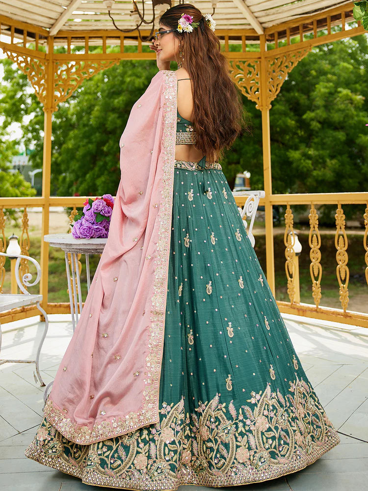 Teal Elegant Chiffon Sequin Embroidered Lehenga Choli Set with Ethnic Dupatta & Handmade Latkan ClothsVilla