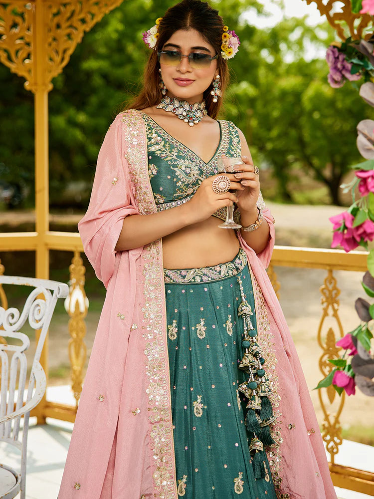 Teal Elegant Chiffon Sequin Embroidered Lehenga Choli Set with Ethnic Dupatta & Handmade Latkan ClothsVilla