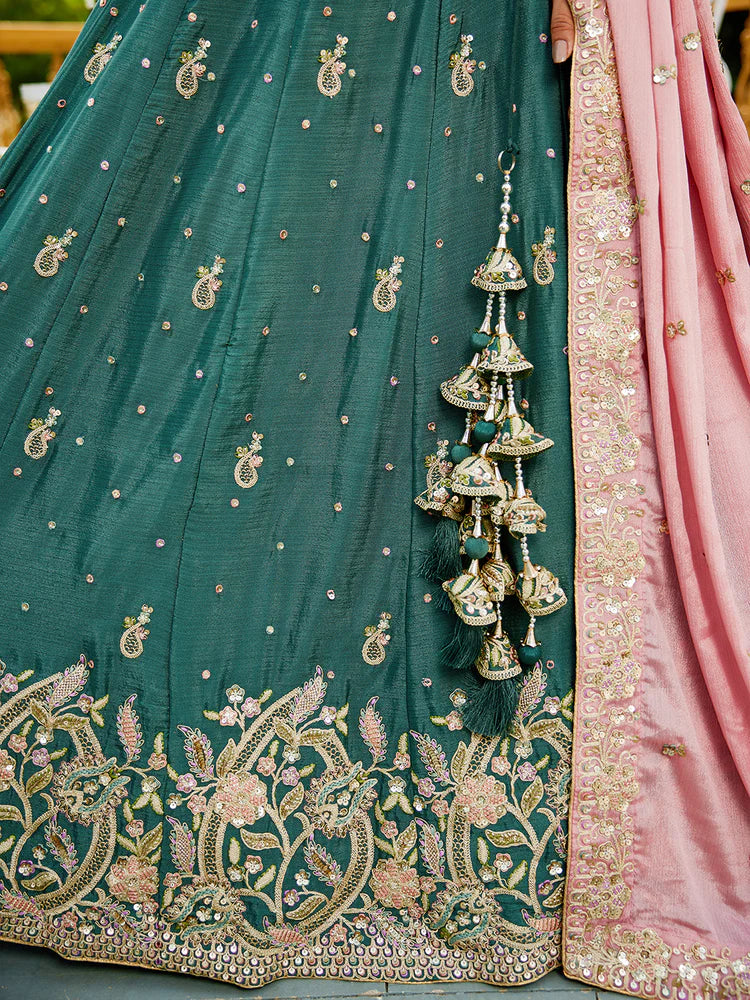 Teal Elegant Chiffon Sequin Embroidered Lehenga Choli Set with Ethnic Dupatta & Handmade Latkan ClothsVilla
