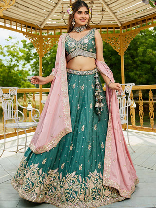 Teal Elegant Chiffon Sequin Embroidered Lehenga Choli Set with Ethnic Dupatta & Handmade Latkan ClothsVilla