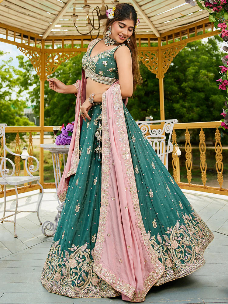 Teal Elegant Chiffon Sequin Embroidered Lehenga Choli Set with Ethnic Dupatta & Handmade Latkan ClothsVilla